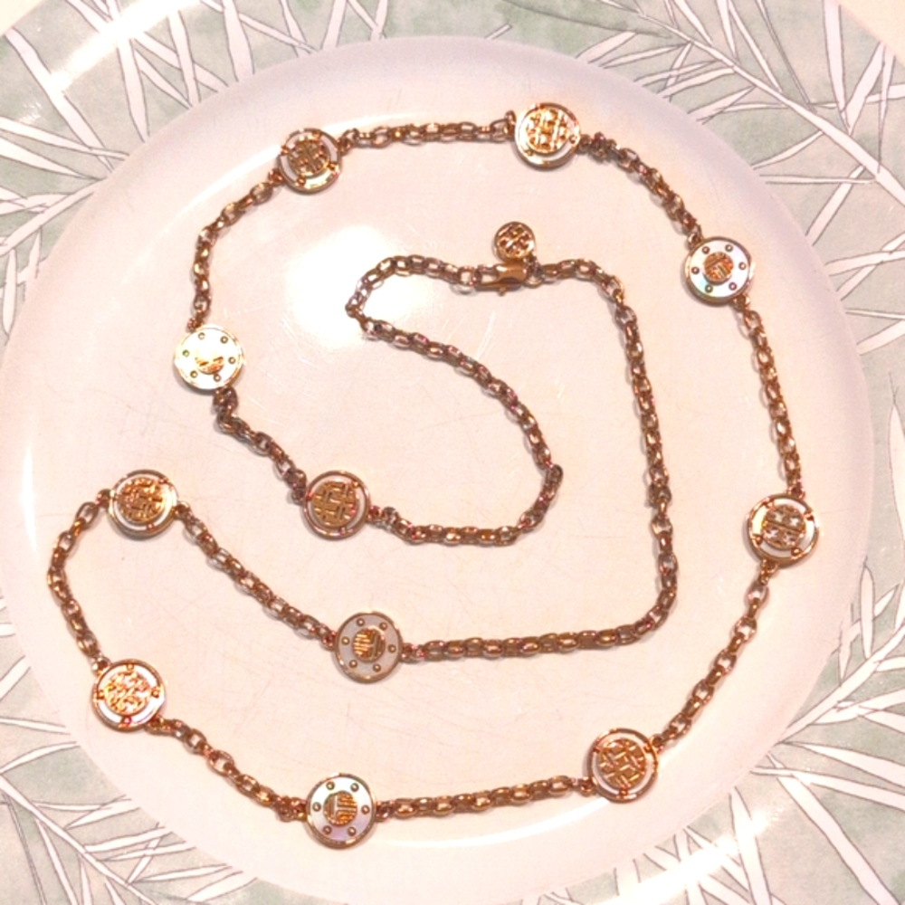 CLOSING SHOP Tory Burch Station necklace 20" Drop With Gold and Pearl logos